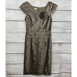 London Times Tiered Satin Sheath Dress With Flower Detail, Size 6